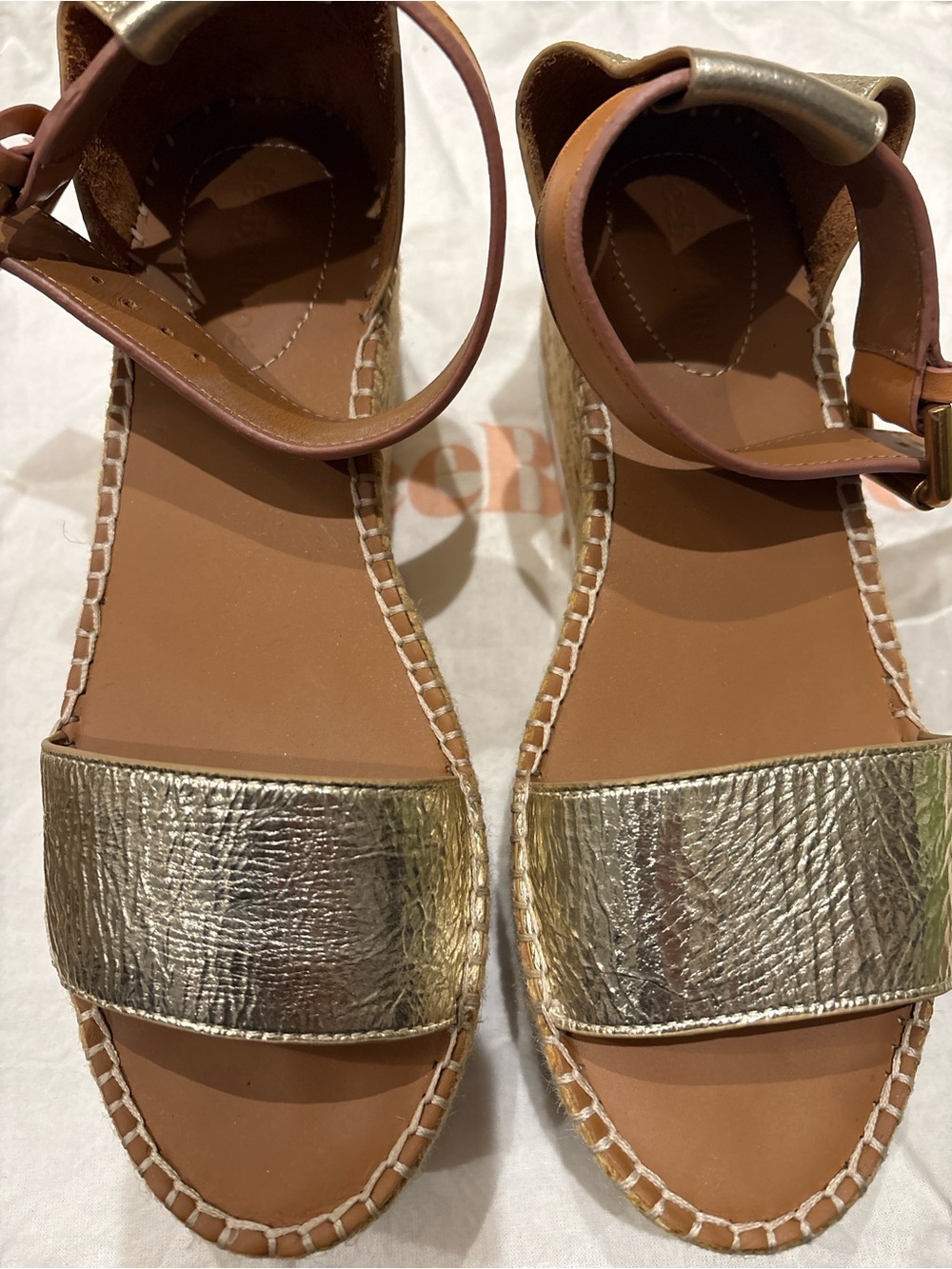 See By Chloe Metallic Gold and Tan Espadrille Wedge Sandals - Picture 6 of 7